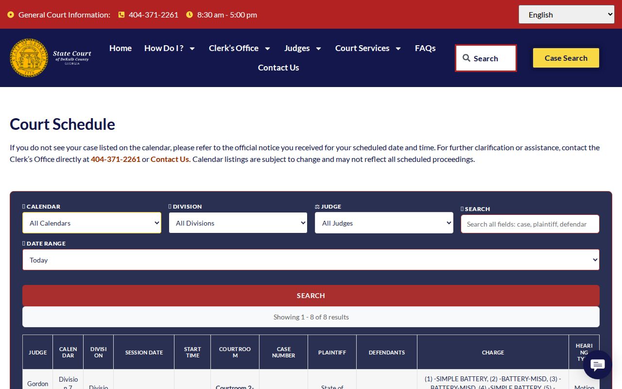 DeKalb County court calendar State Court search controls
