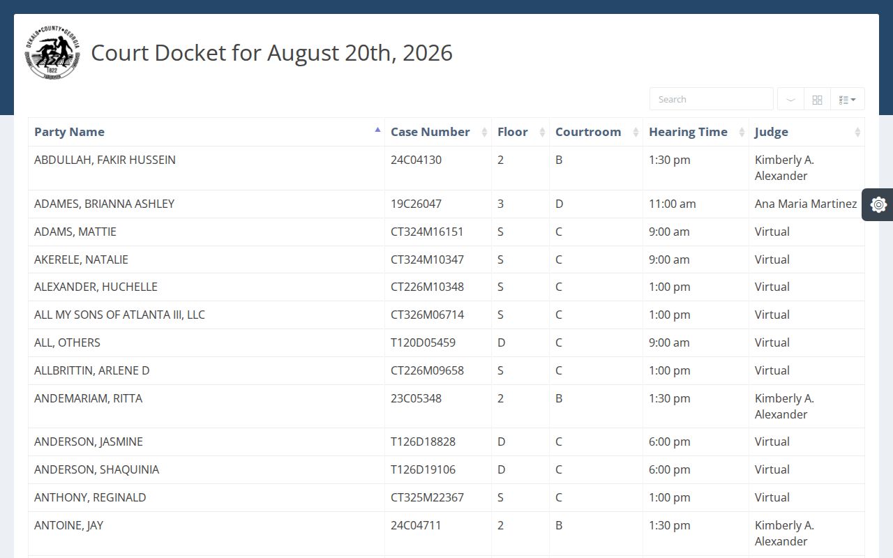 DeKalb County court calendar Superior daily docket columns