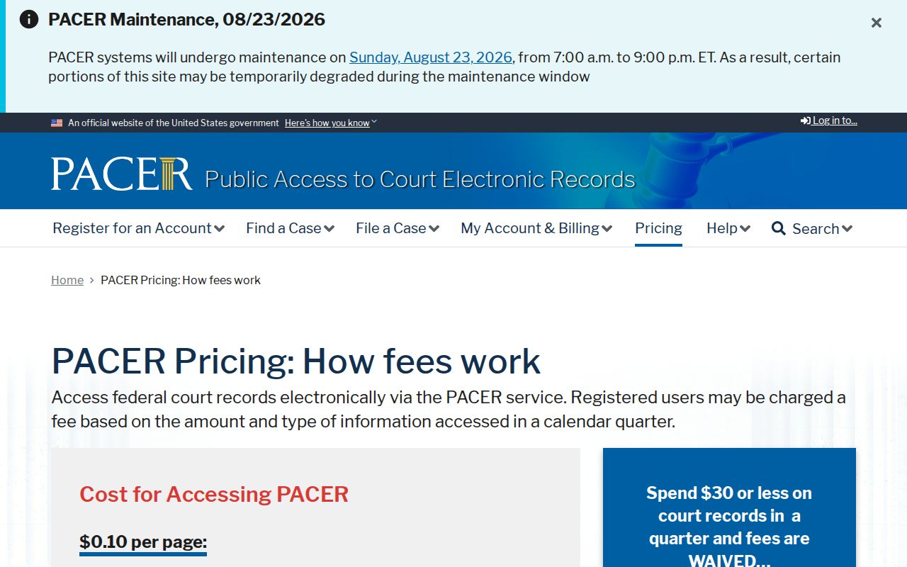 DeKalb County court docket PACER public access pricing